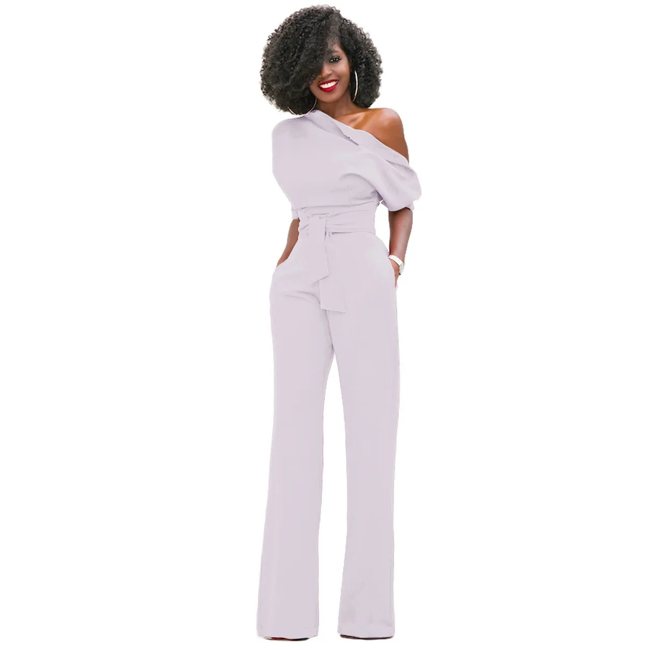 Classic Solid Color Diagonal Collar Button-one-piece Wide-leg Pants Hot-selling in Europe and America
