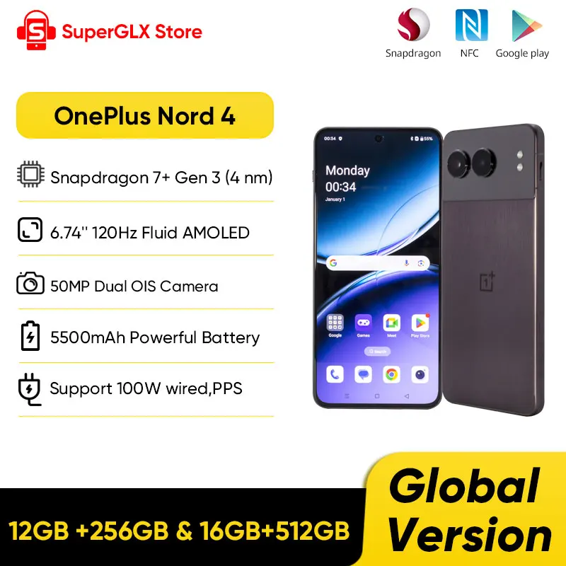 2024 Nieuwe OnePlus Nord 4 Global Version Snapdragon 7+ Gen 3 6.74 "120Hz Fluid AMOLED 50MP SONY Dubbele camera's 5500mAh 100W SUPERVOOC