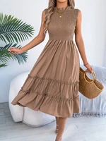 Primavera y otoño Casual Color sólido borde de oreja cuello redondo sin mangas borde de hoja de loto vestido largo vestidos de mujer