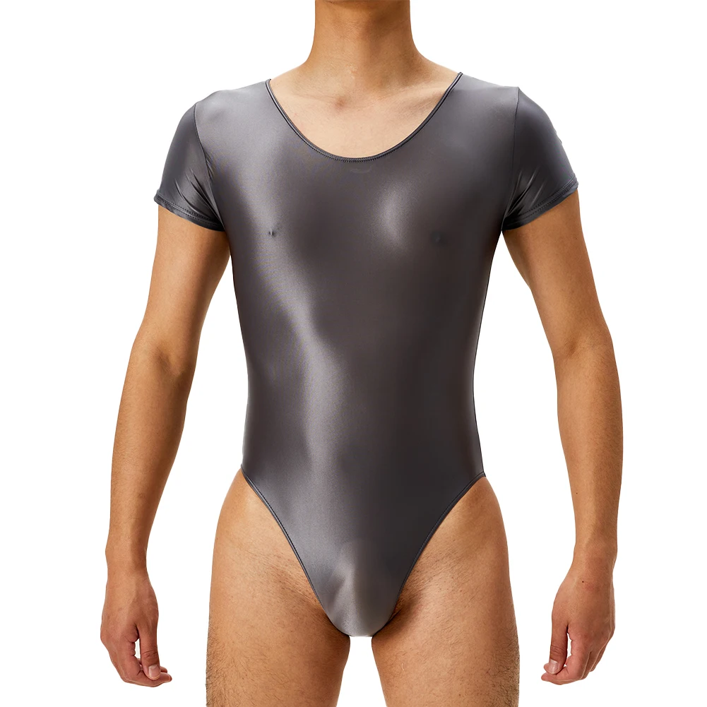 Men Bodysuit Short Sleeve Oil Shiny Glossy Tights High Elastic Shapers Leotard Underwear U Convex Pouch Panties Swimsuit