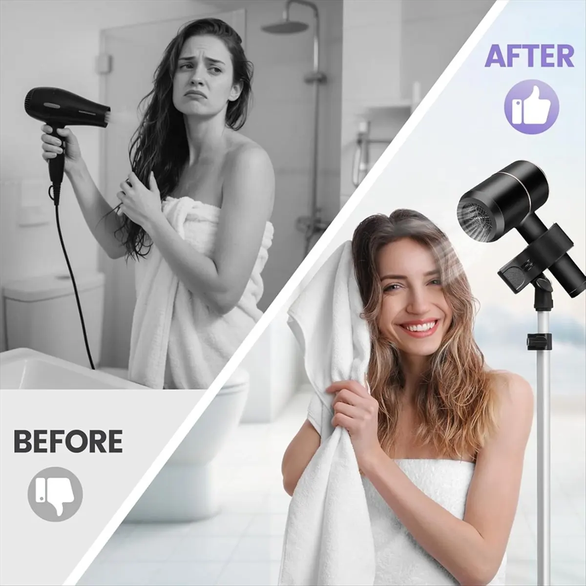 Adjustable Hair Dryer Stand, 29-59 Inch Hair Dryer Holder with Tripod and Universal Clip, 360-Degree Rotating