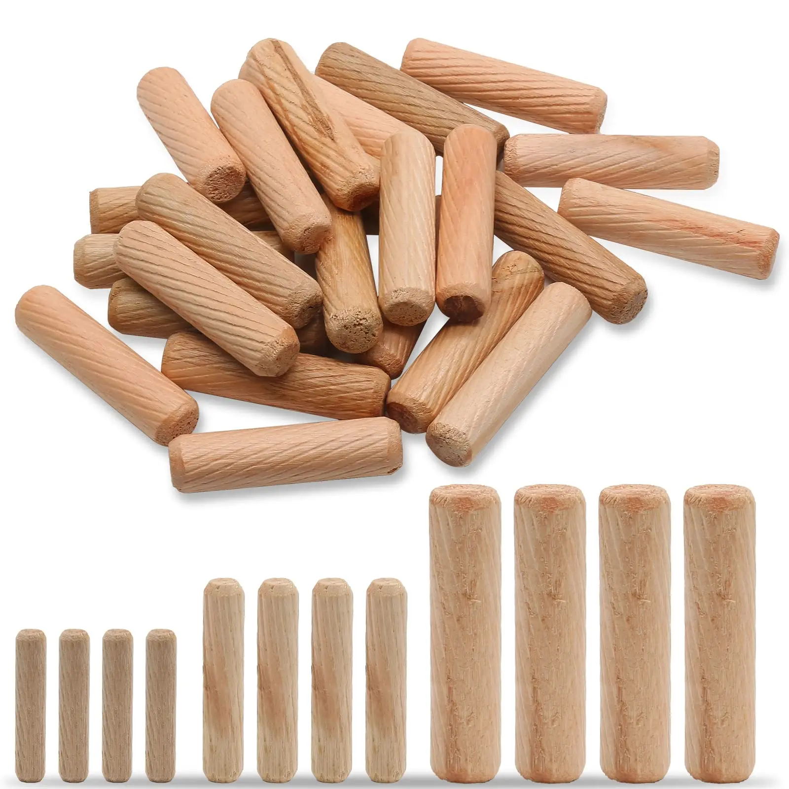

M5-M10 Wooden Dowel Pins Wood Fluted Dowels Rods Kiln Dried Fluted and Beveled, Hardwood Crafts Dowel Pegs