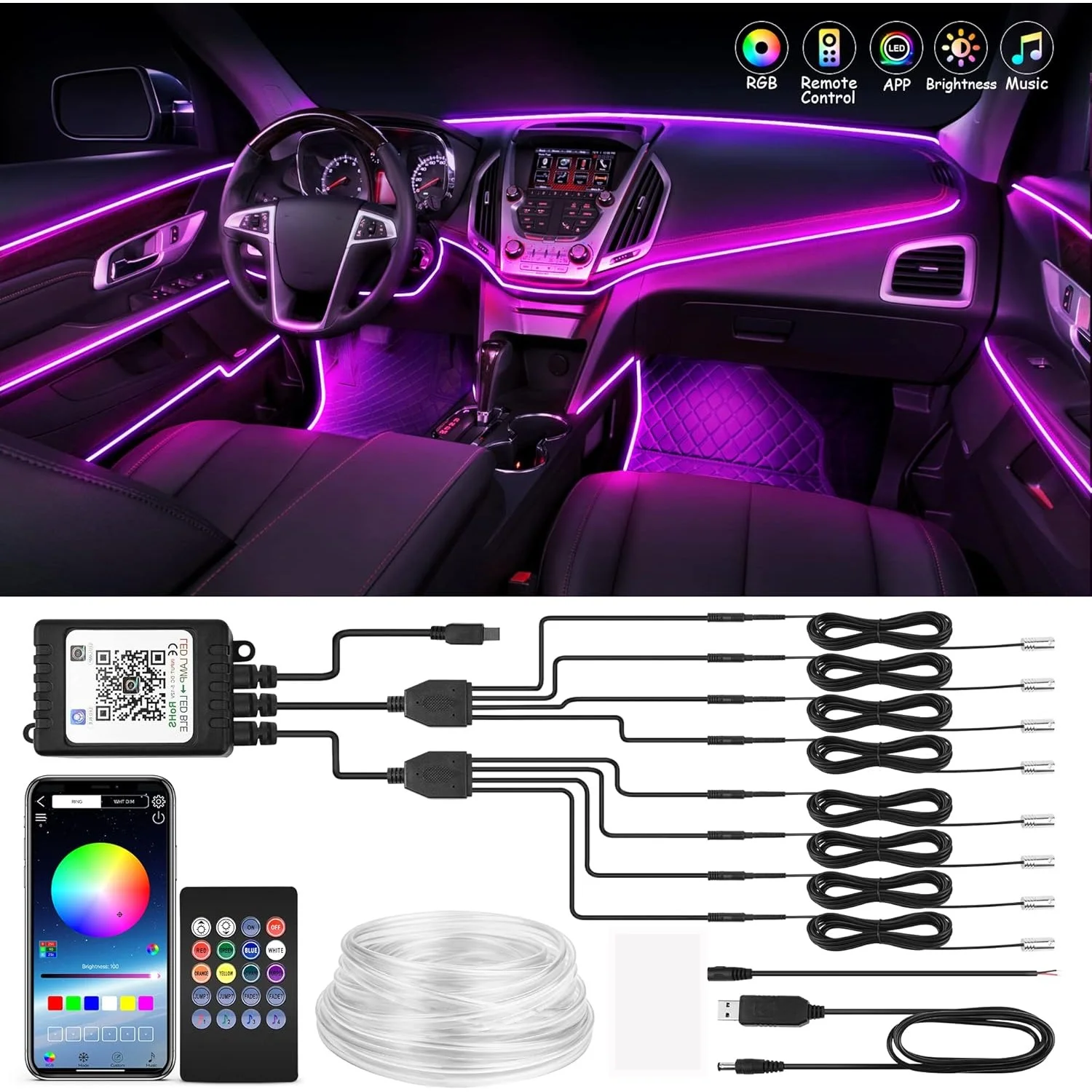 

Car LED Interior Strip Light, Multicolor RGB 8 in 1 with 400 inches Ambient Lighting Kits with Remote APP Control Music Sync