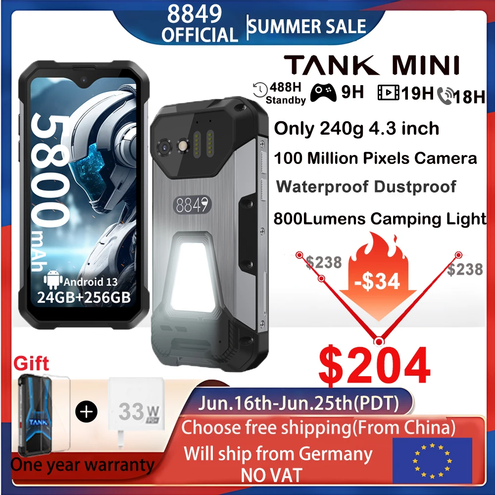 

Мини-прочный смартфон 8849 Tank, 16/24 ГБ, 256 ГБ, 5800 мАч, 100 Мп, камера Android 13, мобильный телефон, 4,3-дюймовый водонепроницаемый мобильный телефон