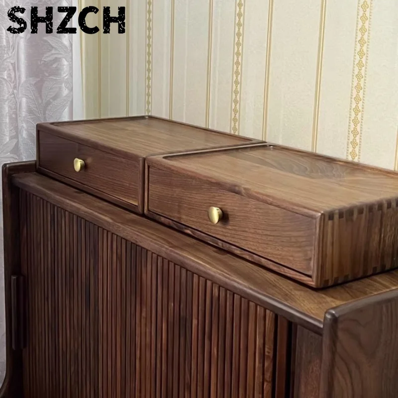 

A4 Paper File Storage Box Black Walnut Wood Storage Drawer Desktop Organizer with Brass Handle Flexible Combination Home Storage
