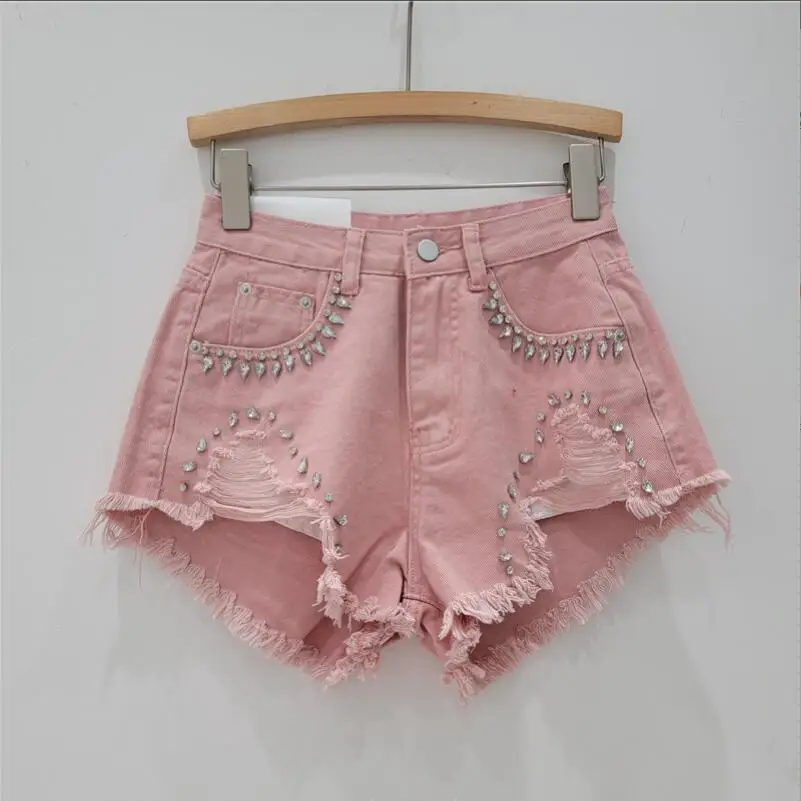 Ripped Wide-Leg Denim Shorts Women's 2024 Summer High Waist Exquisite Rhinestone Hot Short Ladies Streetwear Jean Shorts w879