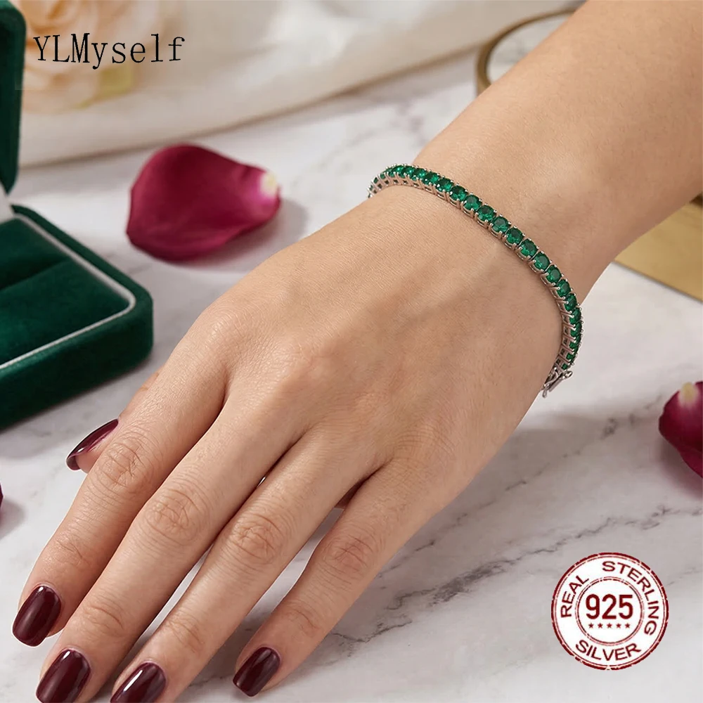 

YLMyself 3mm 925 Silver Green Zircon Tennis Bracelet Rhodium Gold Plated Hip Hop Chain 15-21cm Gift