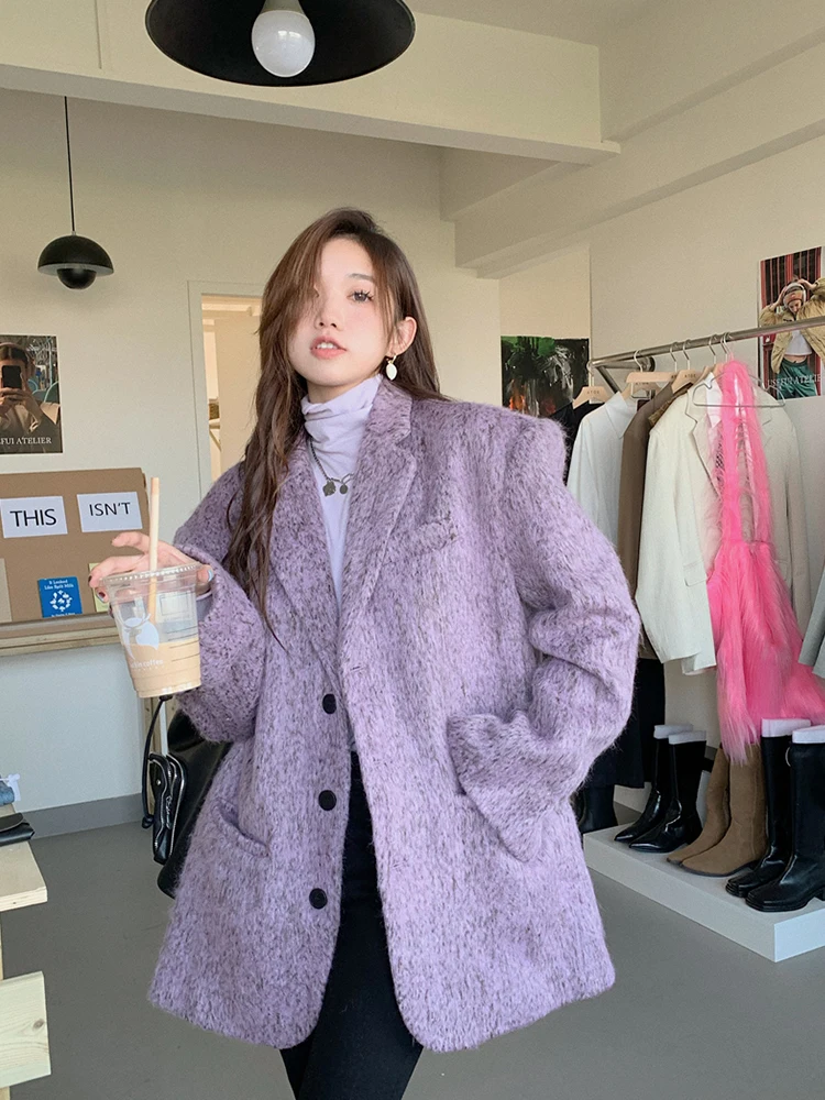 Abito di lana di media lunghezza con piume viola Jaet da donna Autunno Nuovo Sle Taglia piccola Sensazione di fascia alta Aosphere Faionable