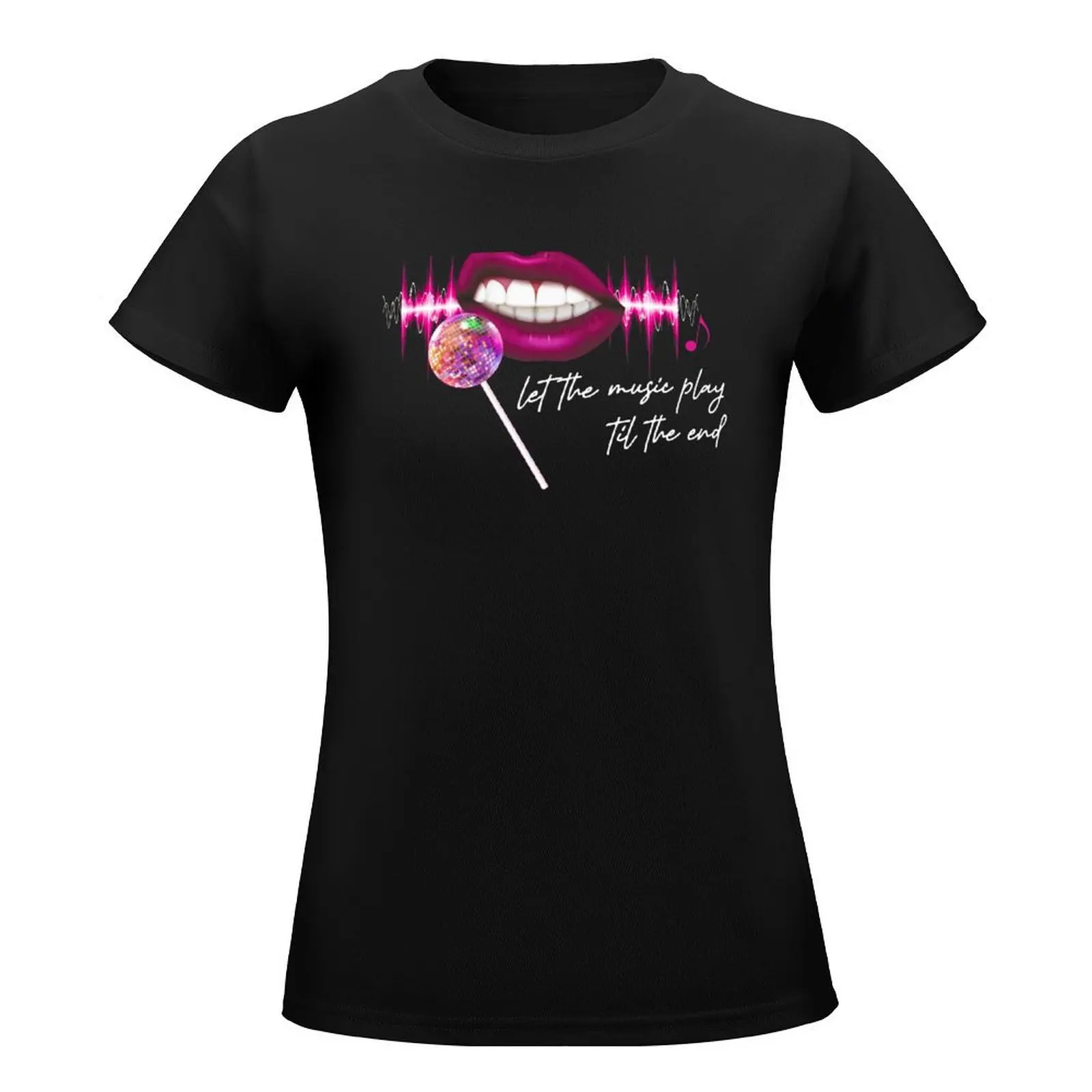 Let The Music Play Til The End Pink Lips Mirrorball Lollipop Microphone Trustfall Design Option 2 T-Shirt