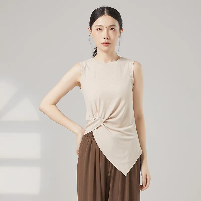 Women’s Modern Dance Vest Adult Breathable Twist Knot Waist Sleeveless Classical Dance Shirt Female Skin Friendly Yoga Tank