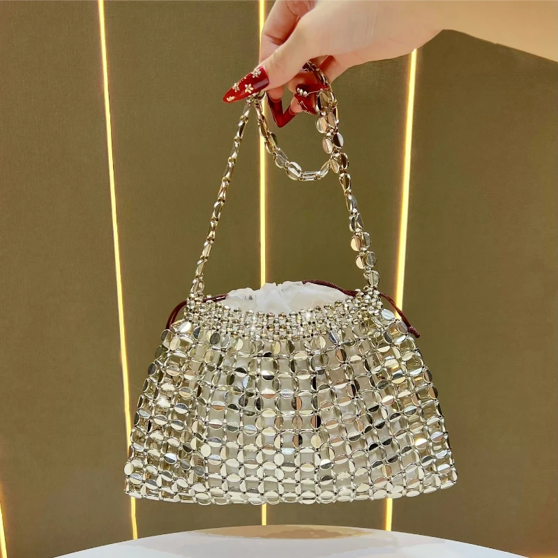 

Fashion Hollow Out Bling Shoulder Bag Women's Luxury Woven Openwork Small Tote Bag Simple Design Gold Unique Handbag Bolsas
