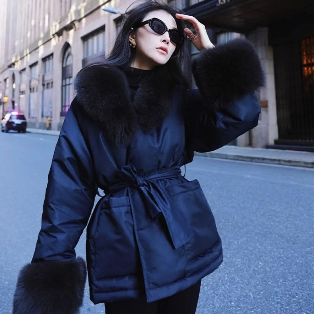 Light Luxury Winter Short Thicken Parkas Coat Jacket Women Fur Collar Lacing Up Overcoat Warm Outerwears 2023