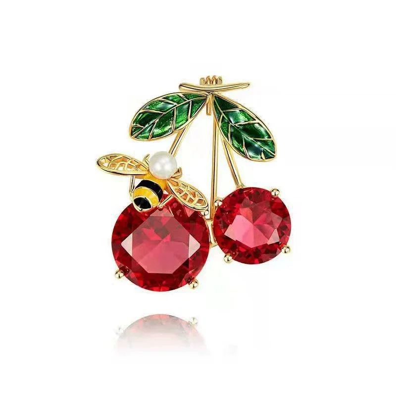1Pc Lovely Cherry Bee Brooch for Girls Women Exquisite Cherry Fruit Insect Pins Jewelry Trendy Accessories Birthday Gifts 2025