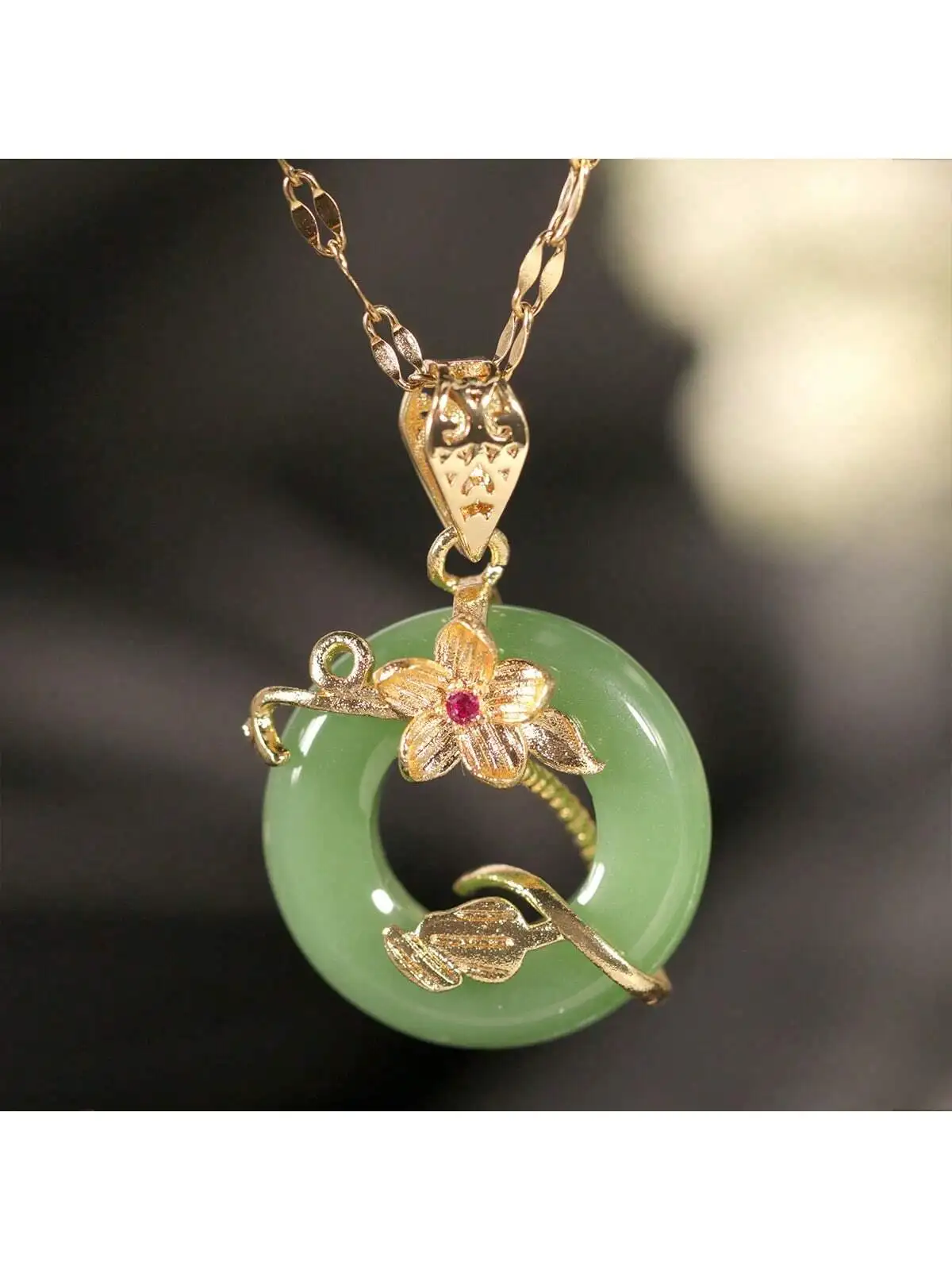 1pc Green Peace Buckle Necklace Flower Ring Micro-Paved Light Luxury Niche Green Jade Lotus Leaf Pendant, Mother's Day Gift view 5
