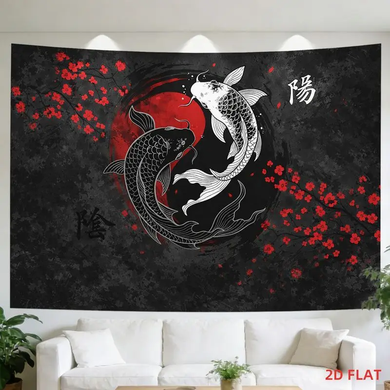VIKAMA Japanese Yin Yang Koi Fish Tapestry Black Red Cherry Blossom Wall Hanging Asian Ink Art Bedroom Living Room Decor