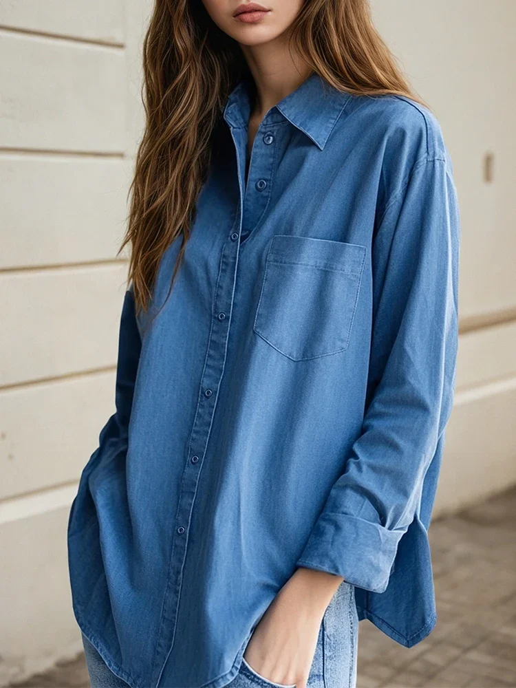 Niebieska koszula retro Dżinsowa koszula dla kobiet Wiosna 2025 Nowy projekt Koszule z długim rękawem Solidna kurtka jeansowa z jednym kołnierzem dla kobiet