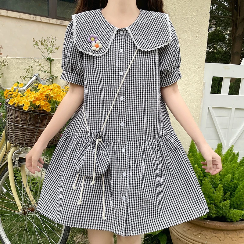 Mori girl plaid vestidos New summer fashion mini abito kawaii manica corta