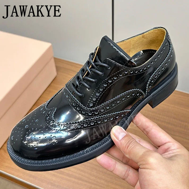 

Popular Brand Women's Lazy Loafers Round Toe Genuine Leather Fretwork Glossy Leather Ladies Oxfords Formal Shoes for Work