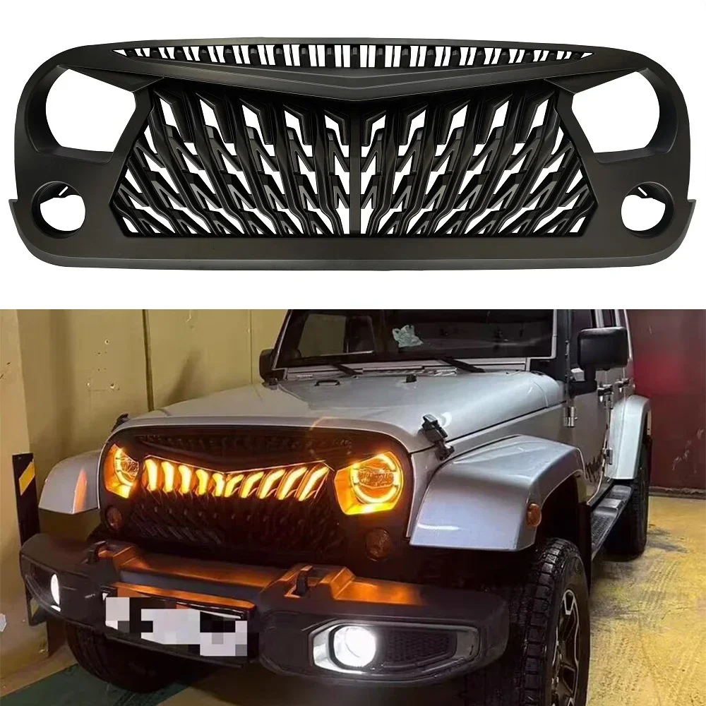 

J396 Grilles Offroad Car Racing Grill Front Grille Cover Overlay Mesh Insert Guard With LED Lights For Jeep Wrangler JK 07-2017