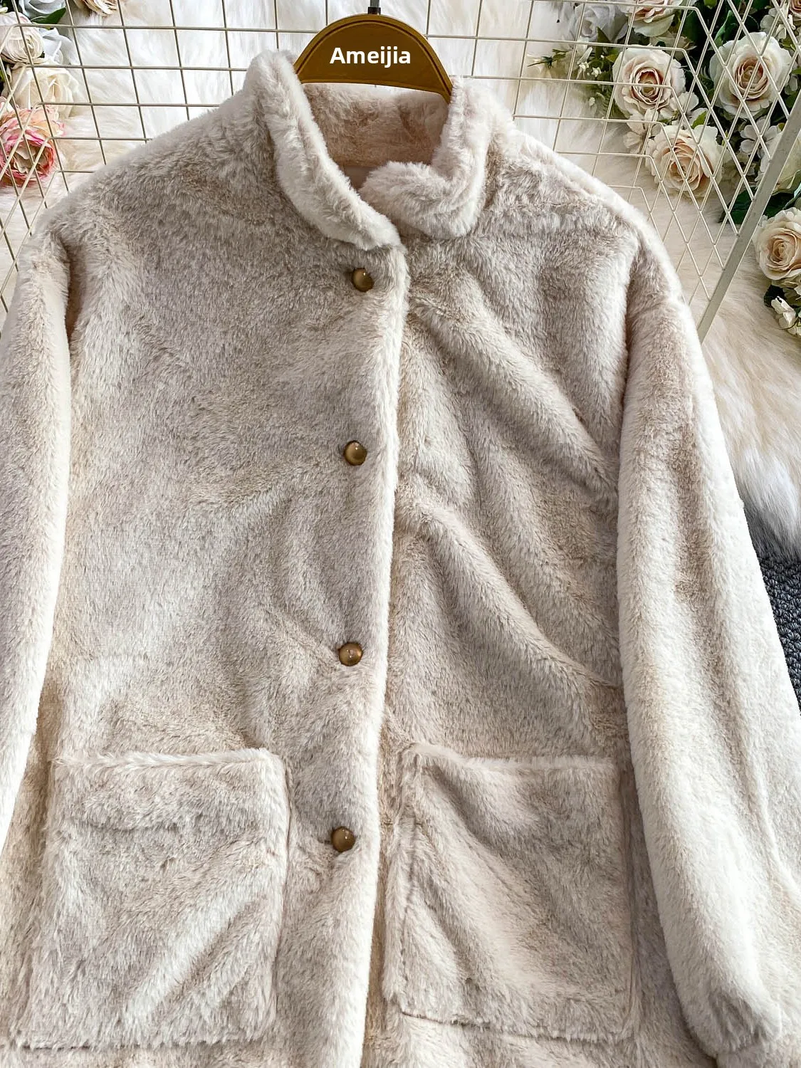 

Ele Thiened Warm Soft Stand Collar Women's Outerwear Faux Fur Loose Slimming Top for Autumn Winter Casual Wear