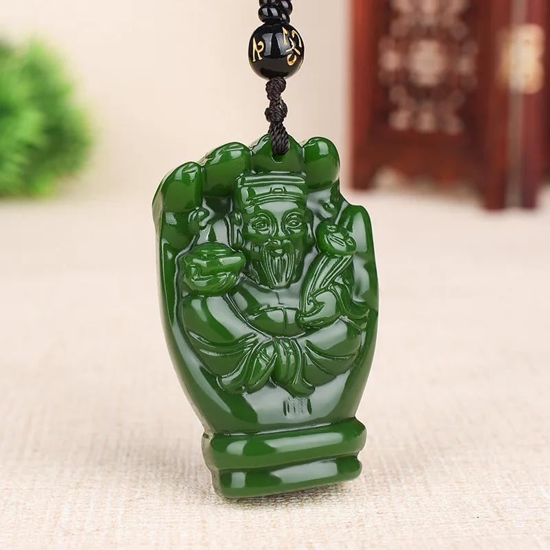 

Natural Hetian Green Jade God of Wealth Pendant Hand-Carved Necklace Chinese Fashion Charm Jewelry Amulet for Women Men Gifts