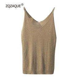 Lurex-Women's Knitted V-neck Tank Tops Loose Knitted Bottom All-Match Lady Base Tops Good Quality Sexy SY1955A Summer Fashion