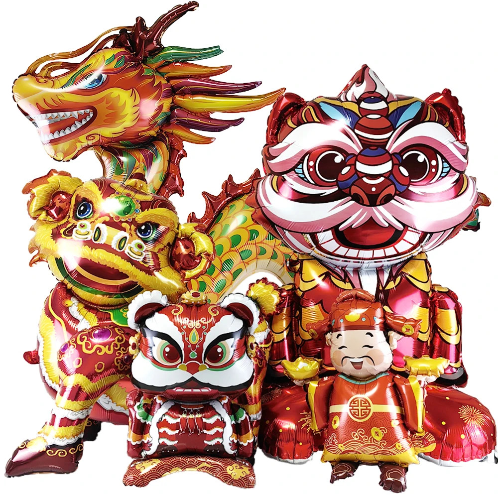 Chinese Spring Festival Decoration Balloons Cartoon God of Wealth Dragon Lion 2025 New Year Party Supplies Kids Favor Gifts