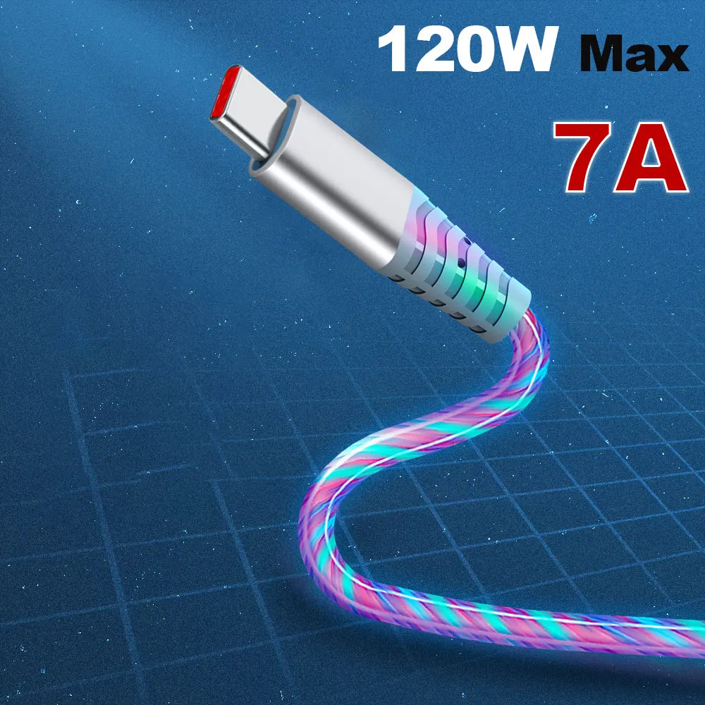 

MVQF New 120W 7A Flow Luminous USB Type C Cable for Huawei P50 Honor Fast Charging USB C Charger Data Cable for Xiaomi Samsung