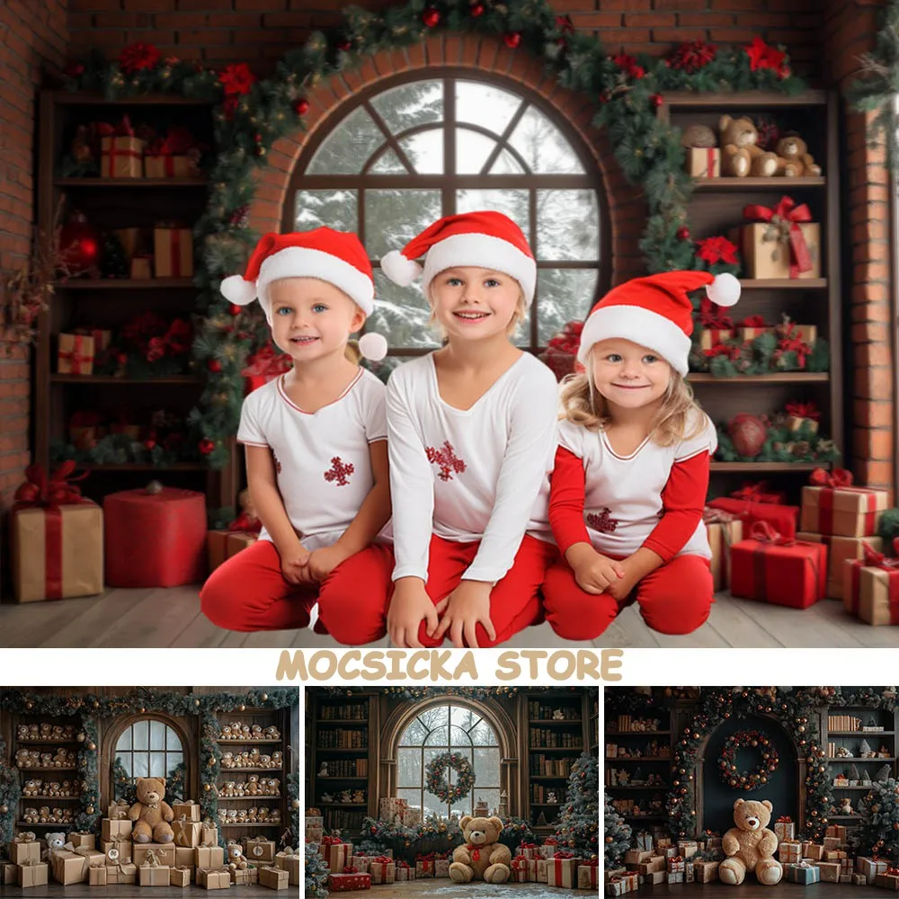 

Mocsicka Christmas Backdrops for Photography Window Winter Snow Scene Bookshelf Gift Box Bear Indoor Baby Photo Background Props