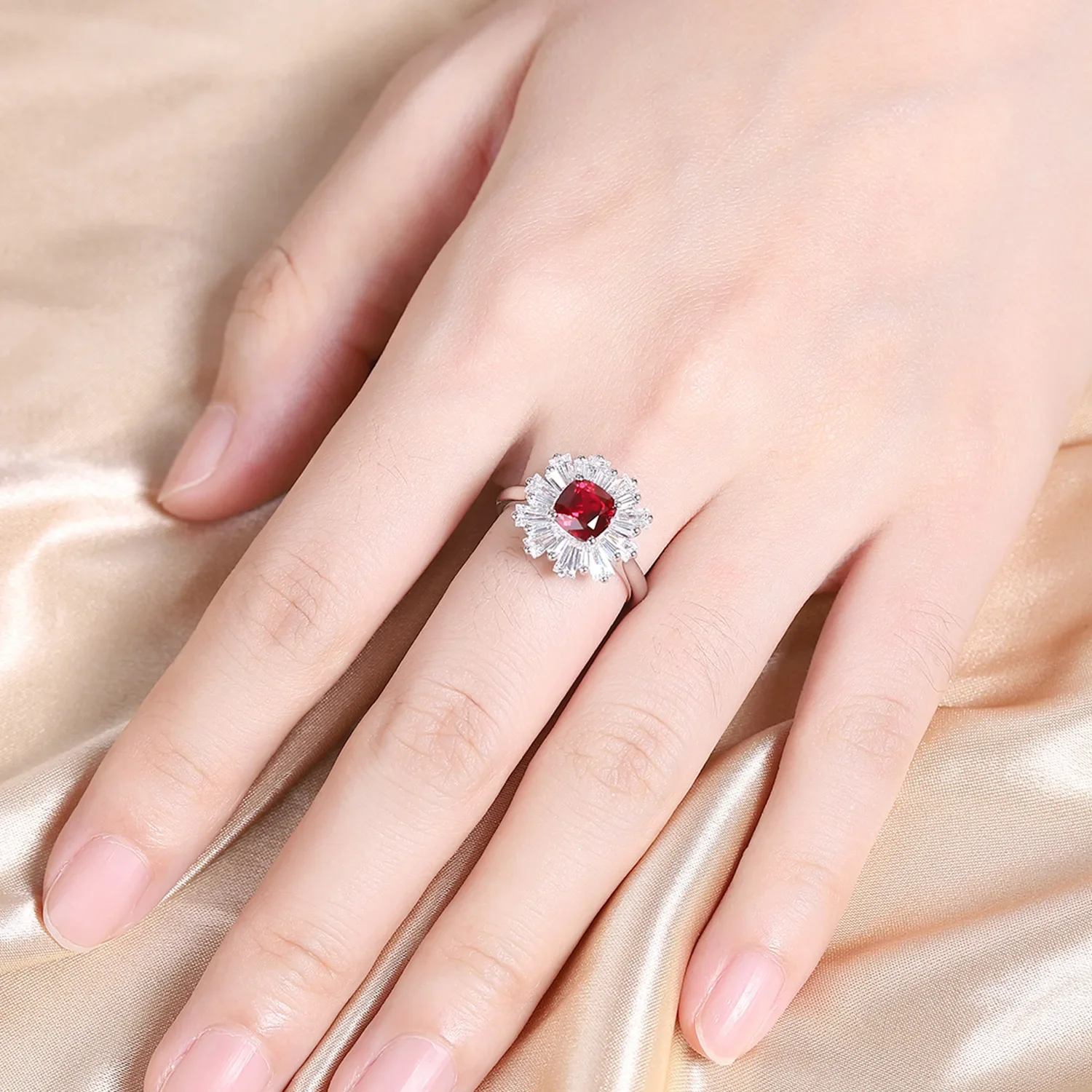 MUSHAN Custom Jewelry 925 Sterling Silver Ring Lab Red Ruby Cushion Bridal Statement for Women 18K Gold Plated Classic Rings