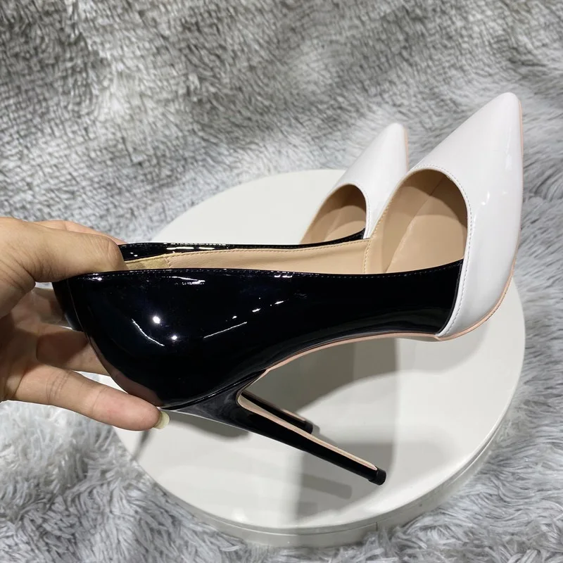 8/10/12cm Woman High Heels Patent Leather Black White Patchwork Pointed Toe Shallow Stilettos Pumps OL Work Ladies Dress Shoes