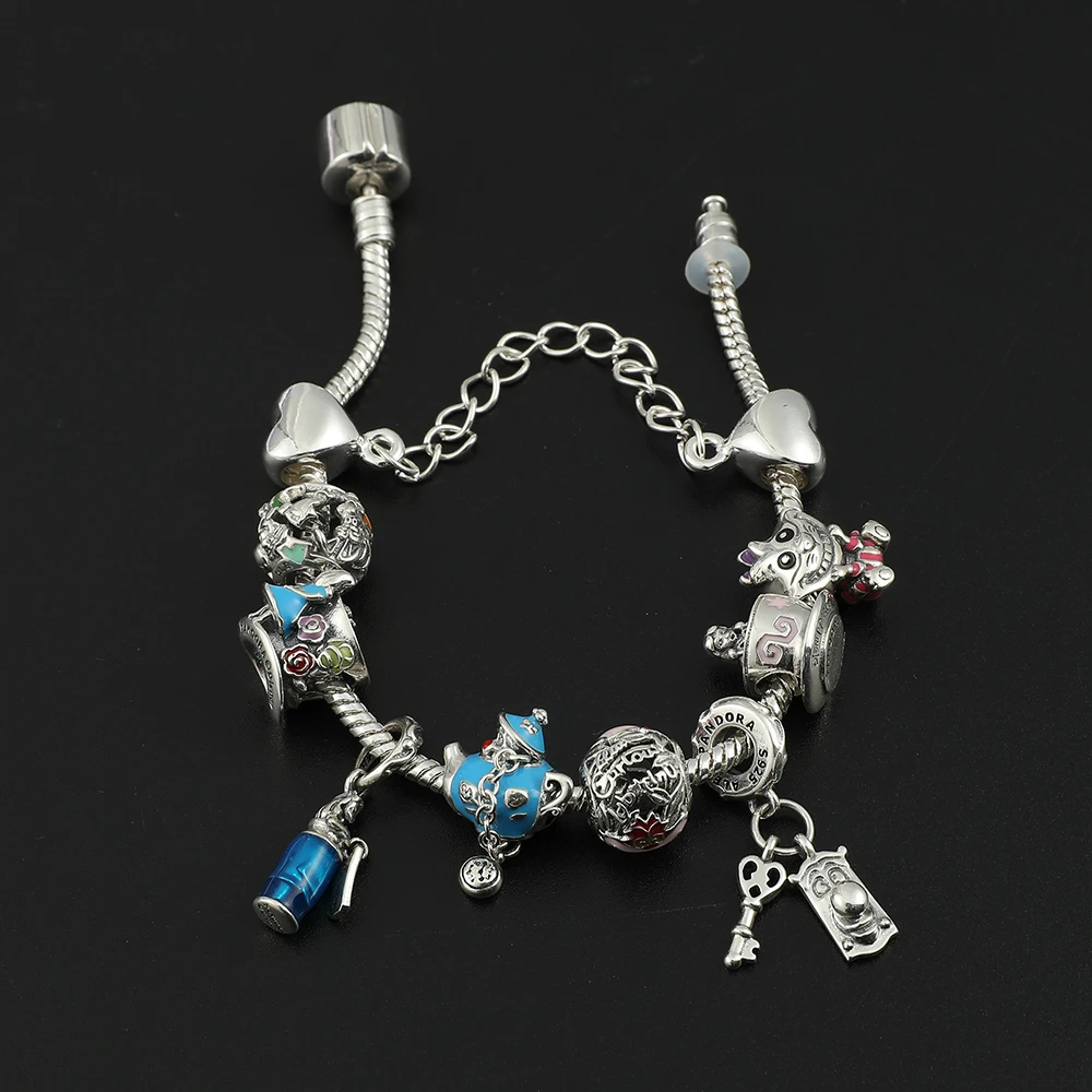 Disney Anime Movie Alice in Wonderland Beads Bracelet Metal Enamel Pendant Charm Bracelet Boys Girls DIY Personality Jewelry