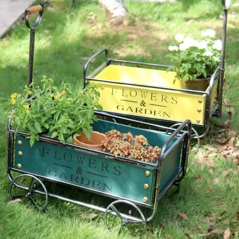 Outdoor Iron Flower Stand Trolley Garden Balcony Decorative Planter Cart Creative Succulent Pot Display Rack Rustic Patio Cart image 5