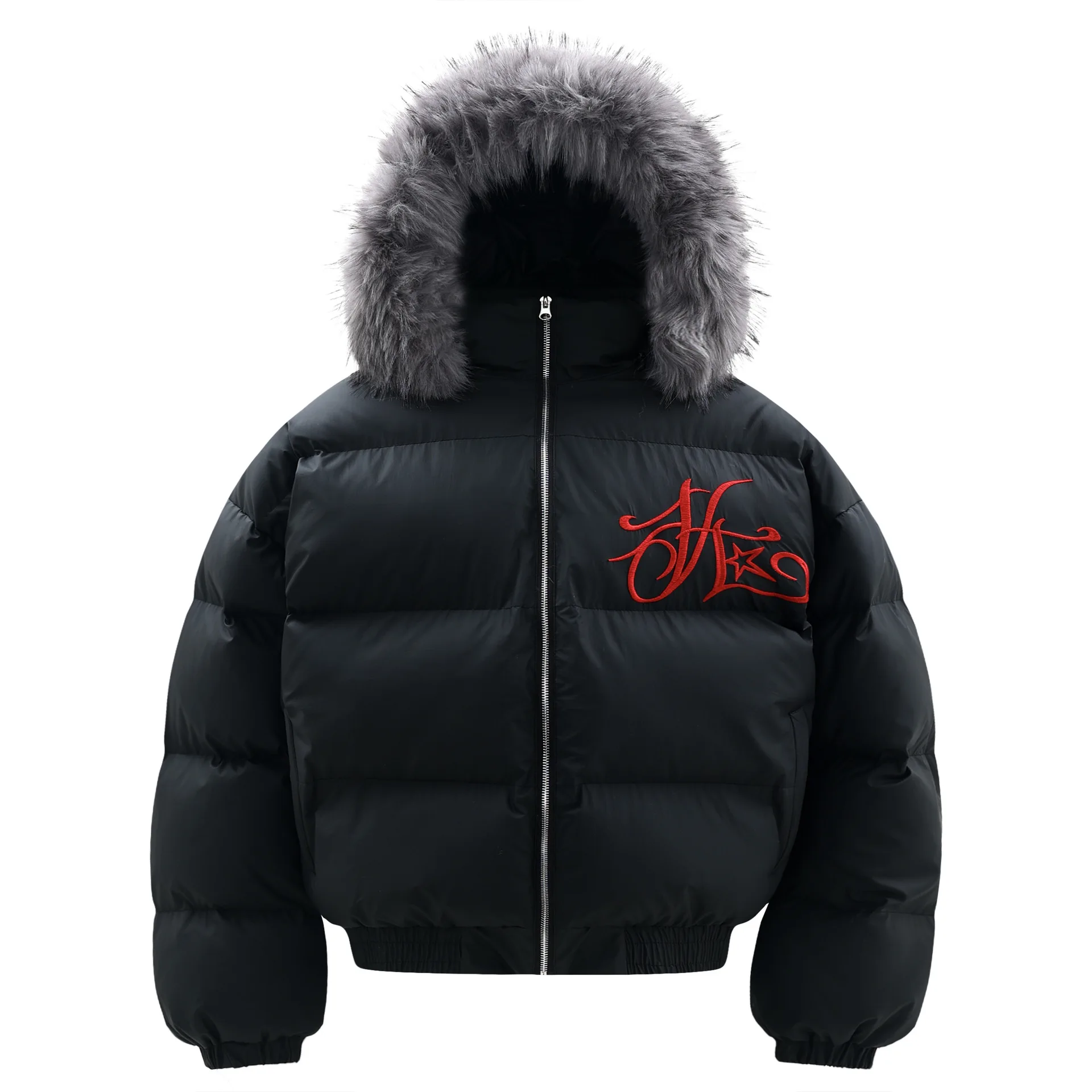 Men Women Chinese Style Hooded Puffer Jacket Removable Fur Collar Embroidery Streetwear Thick Winter Loose Fit Parka