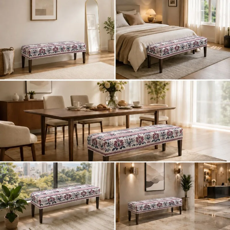 Floral Print Stretch Bench Chair Cover with Tie Straps Anti-slip Dustproof  Furniture Protector Dining Long Stool Kitchen Bench