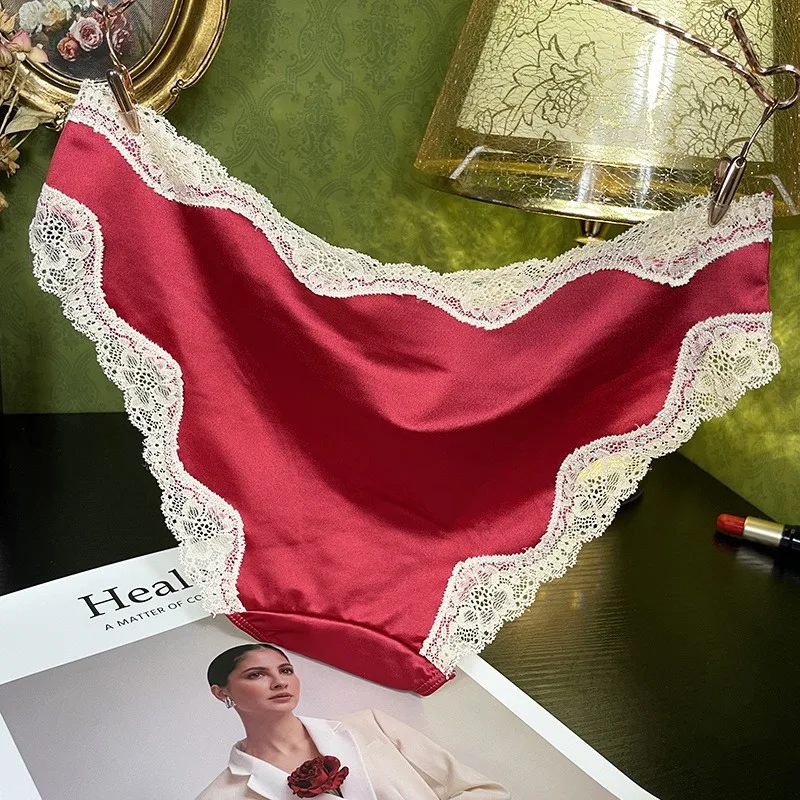 French Version Women New Diamond Satin Lace Panties Soft and Comfortable Silky Briefs Breathable Cotton Crotch Ladies Shorts