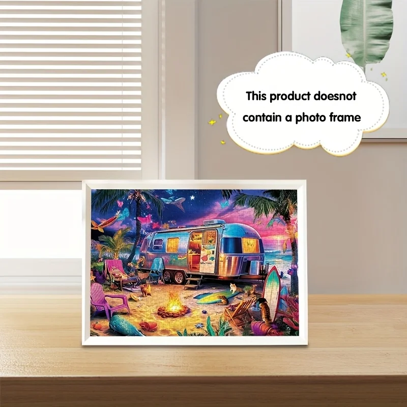 Zabawny Puzzle z Motywem Kempingu na Plaży z Kotami i Ogniem, Gra Intelektualna dla Dorosłych, Dekoracyjne Puzzle do Domu