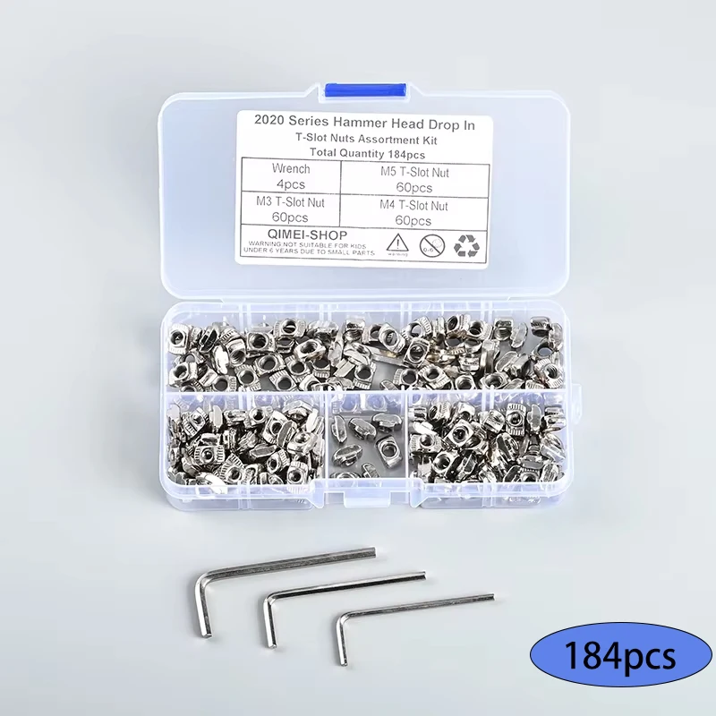 

LINKCHO 184pcs M3 M4 M5 Aluminum Profile Connector T-nut T Nuts Set Nickel Plated Hammer Head Nut Tools Kit for T-slot