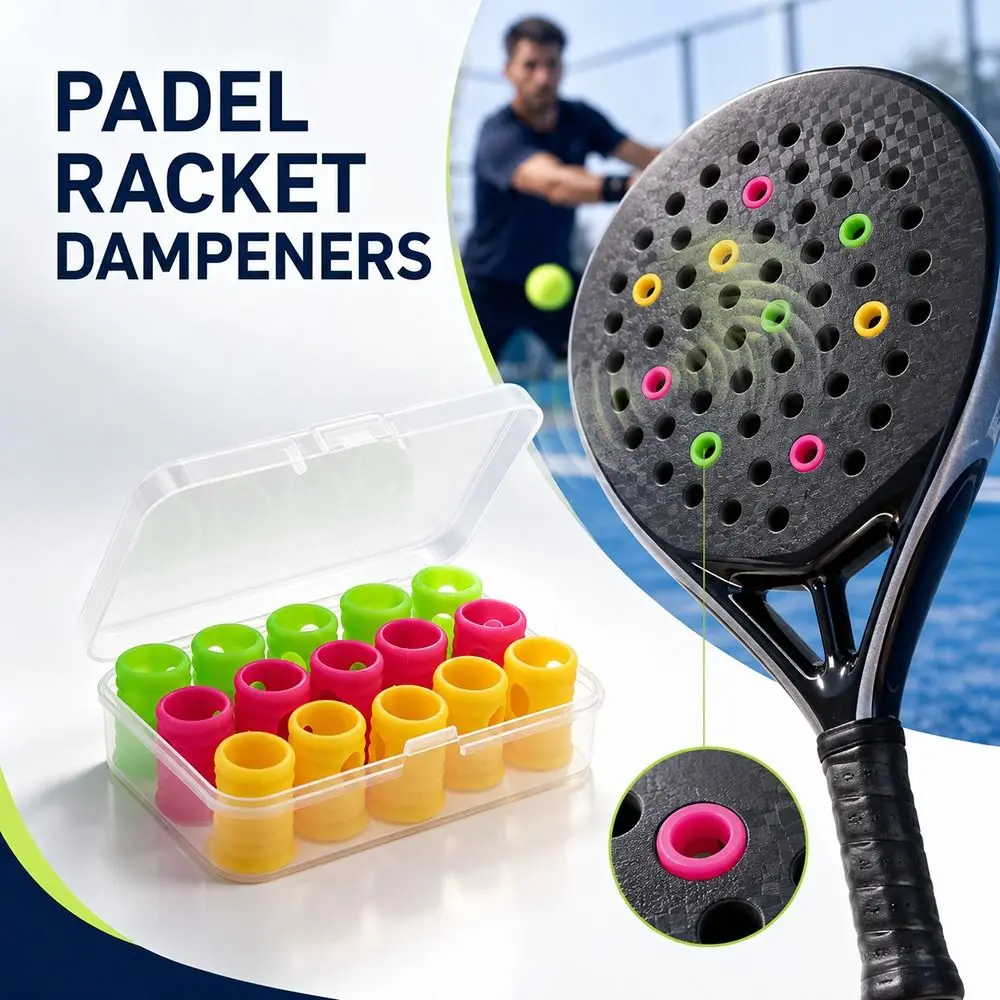 15Pcs Plastic Padel Racket Dampeners Ring Shape Vibration Reducing Racket Vibration Dampeners Colorful Clear Storage Case