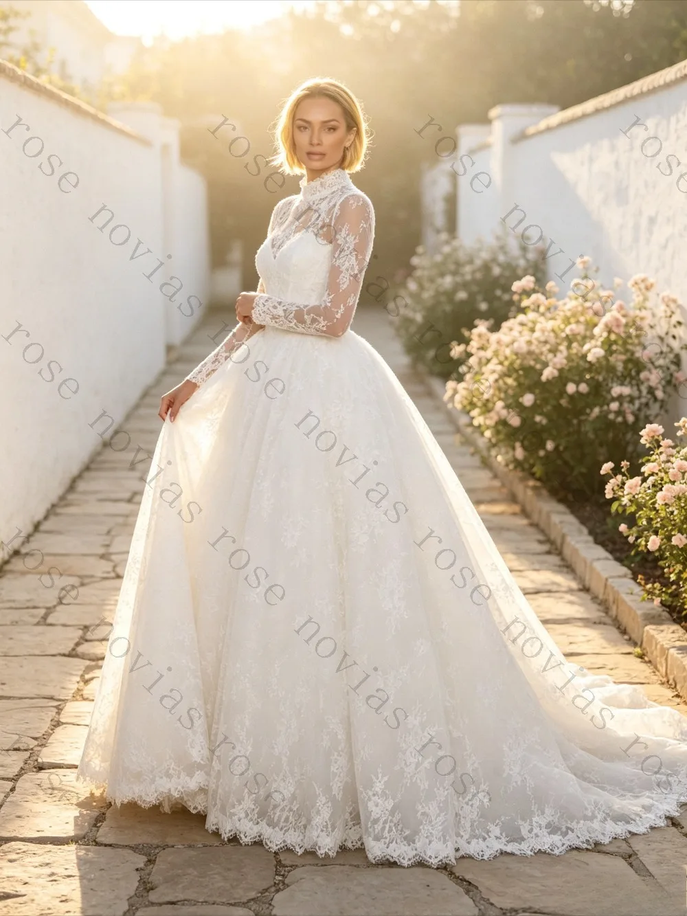 Customized White Lace Wedding Dress with High Neck and Full Sleeves Elegant Tulle Bridal Gown with Cathedral Train for Ceremony