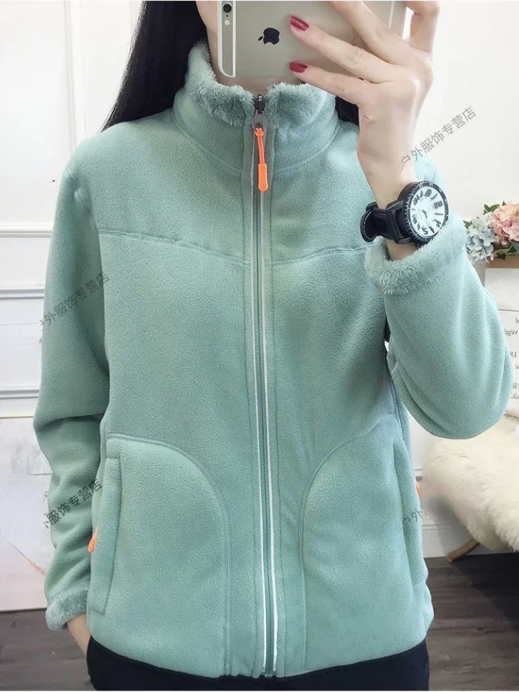 Autumn Winter Fleece Jacket Women Double-sided Wear Thickened Warm Zip Long Sleeve Double Sided Fleece Coat Pockets Outdoor Coat