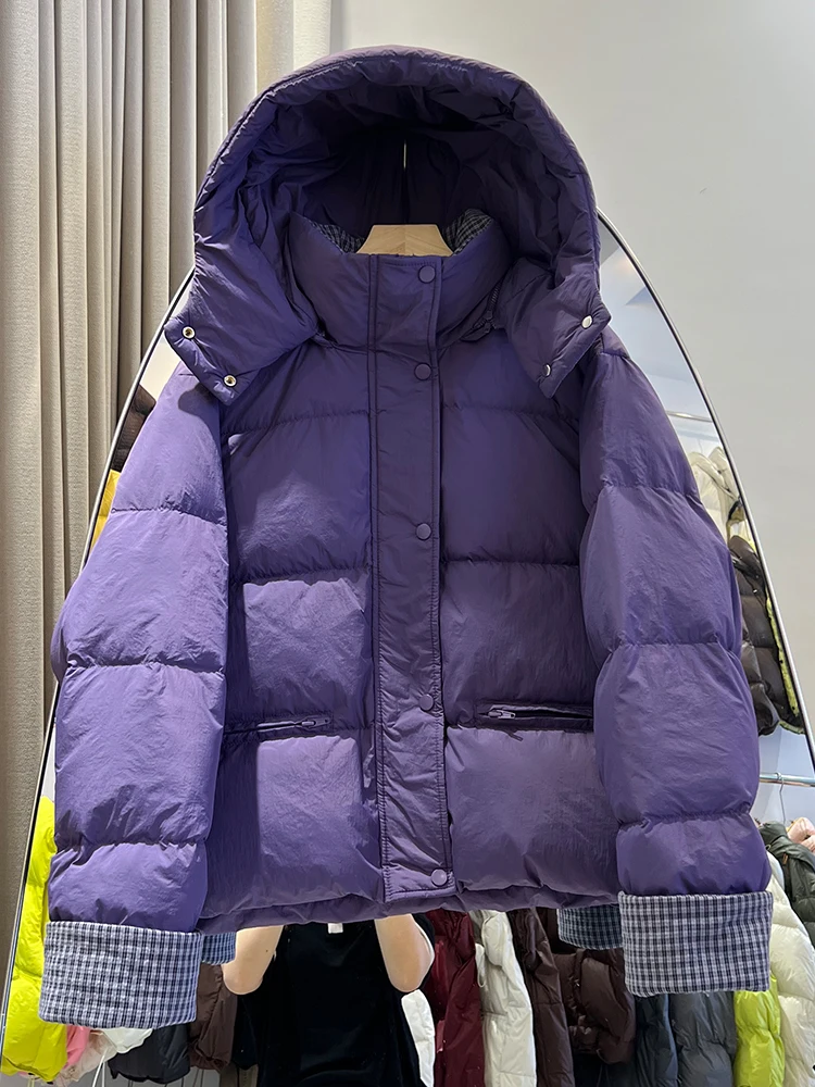Winte new flip sleeve contrasting color plaid hooded down jacket women loose and thick versatile casual bread warm coat