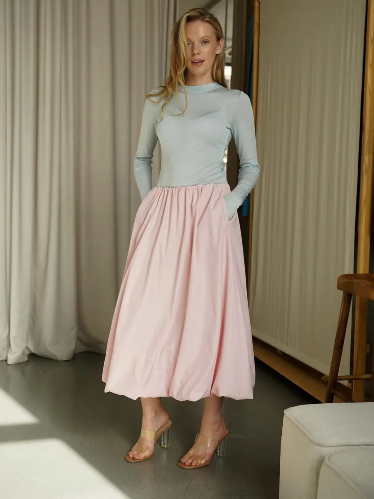 Bubble Hem Midi Skirt Acetate Cotton  Waist Gathered Side Pockets Summer Casual Clothing Streetwear Solid Color Skirt 2026