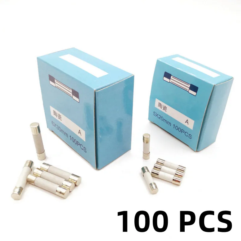100 szt. Karton, ceramiczna rurka bezpiecznikowa, bezpieczniki rurowe szybkiego wydmuchu, 5*20mm 6*30mm, 250V, 0,5/1/2/3/4/5/6/8/10/15/20/25/30A