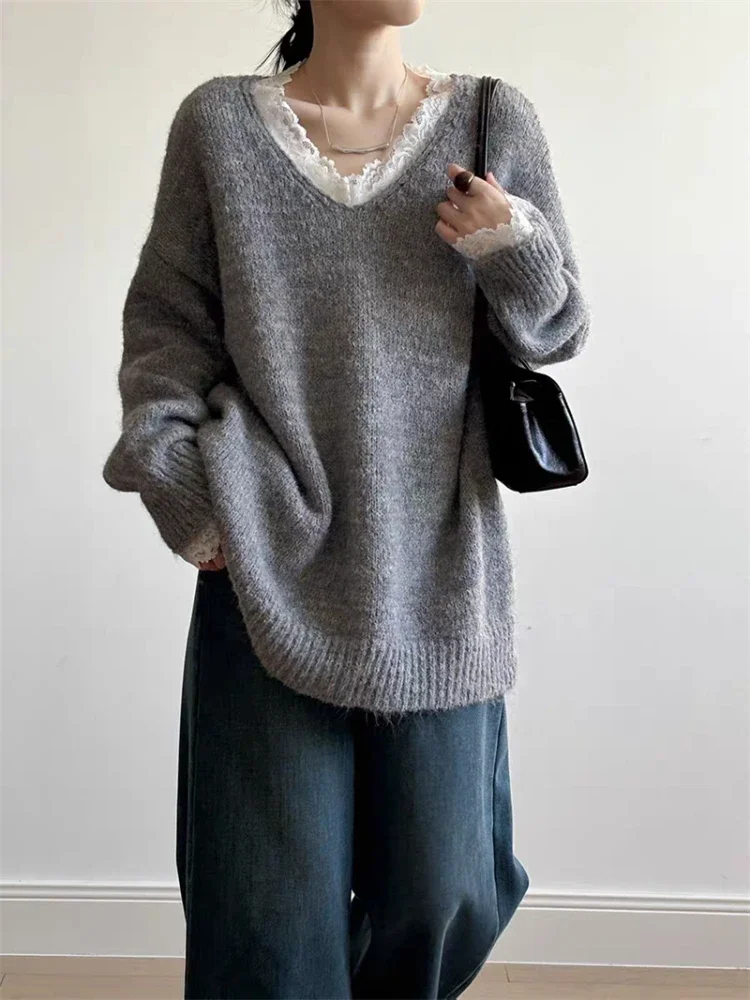 New Autumn Winter Elegant V-neck Lace Women's Long-sleeved Sweater Fashion Loose Knitted Shirt Casual Solid Color Pullover