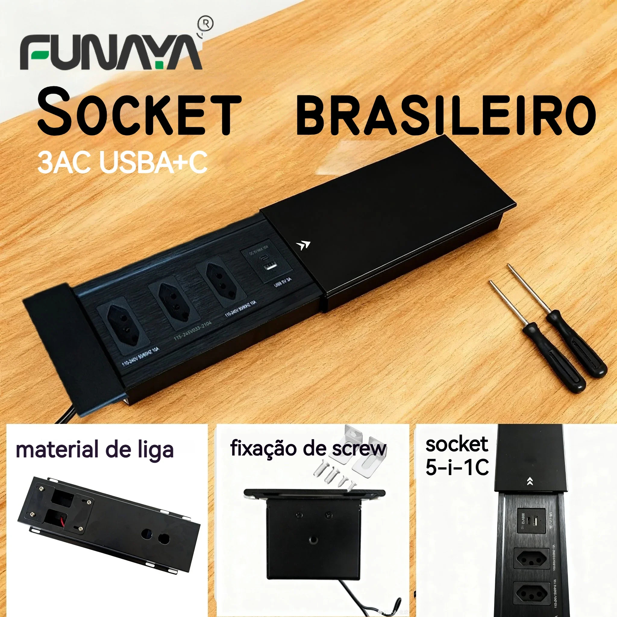 

FUNAYA BR Recessed Built-in Desktop Slide Socket Countertop Embedded Brazilian Socket with 3 Power USB Type-C Outlets AC110~250V