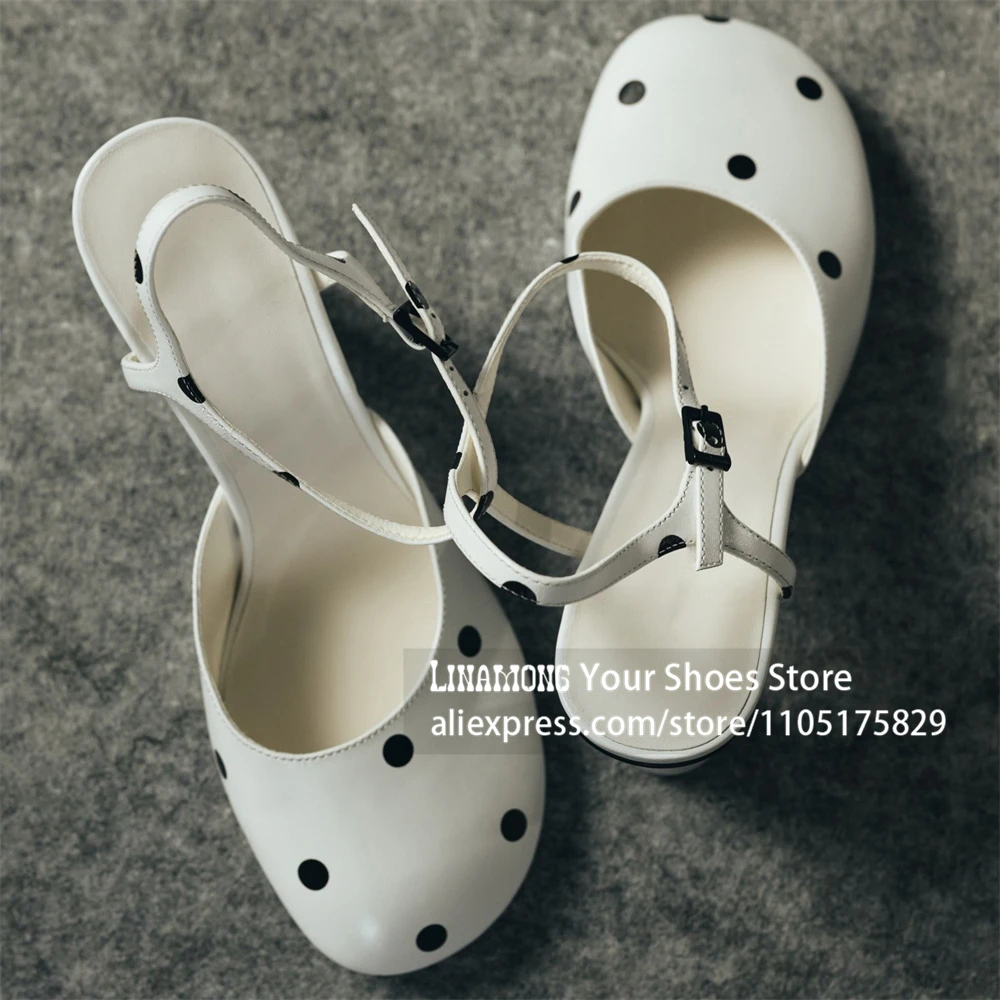 Cute Round Toe Cylindrical Heel Sandals Black and White Polka Dot Buckle High Heels Designer Style Ankle Strap Handmade Footwear - view 6