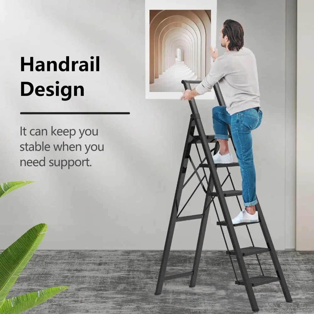 6-traps ladder voor een hoog plafond van 12 voet, lichtgewicht aluminium opvouwbare opstapkruk met handige handgreep, trappen