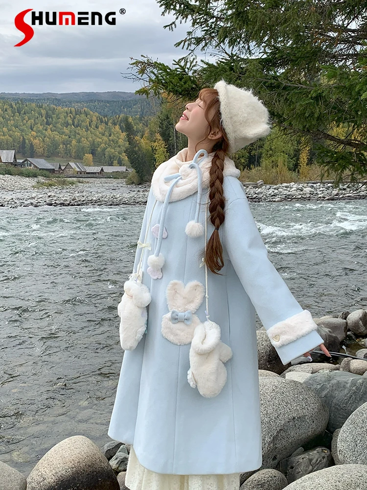 

Japanese Style Sweet Cute Girl Blue Woolen Coat Fur Collar Long Sleeves Heart Pockets Bow Long Jackets for Women Winter Blends