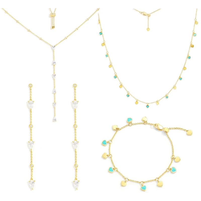 

Komm S925 Sterling Silver Golden Water Drop Tassel Earrings Blue Love Heart Shape Bracelet Necklace Women Holiday Couple Jewelry